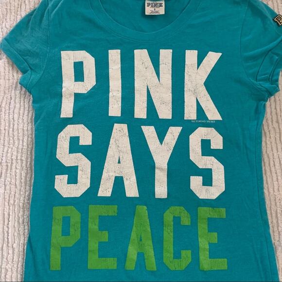 Y2K VICTORIAS SECRET PINK SAYS PEACE TURQUOISE TEE S - Picture 2 of 5